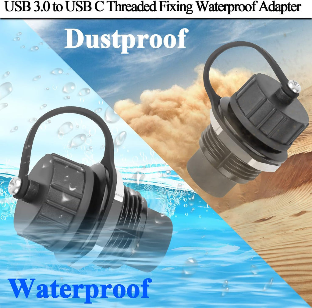 QIANRENON USB 3.0 to USB C Threaded Fixing Waterproof Adapter 5Gbps USB3.0 Female to USB Type C Female Feedthrough Bulkhead Mount Connector Receptacle 5V/1.5A, for Outdoor Data Transfer Charge