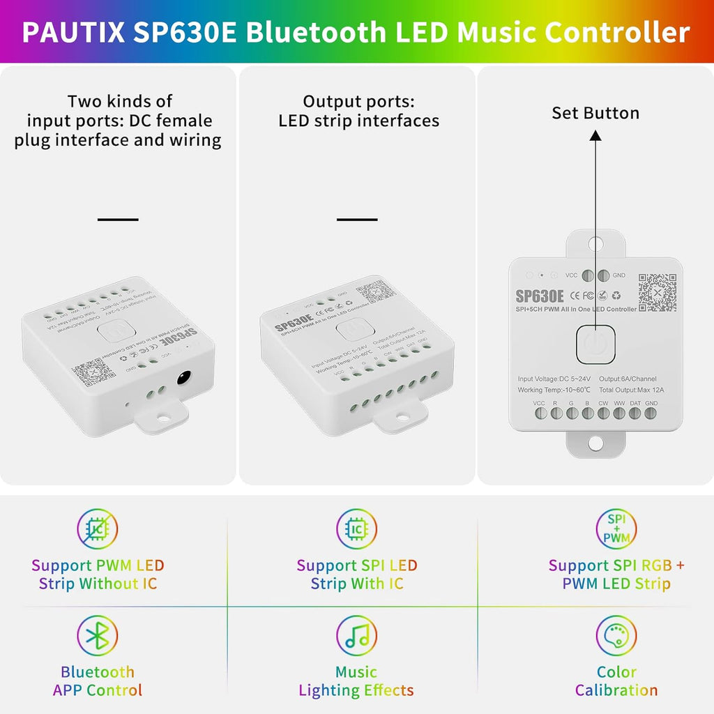 PAUTIX 12-in-1 Bluetooth LED Music Controller Addressable SP630E,Full Color Controller iOS/Andriod App Control Support Almost All LED Strip Lights CCT/RGB/RGBW/WW/RGBCCT,Matrix Panel(Without Battery)