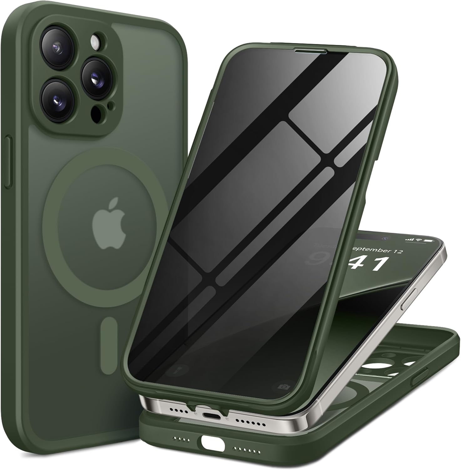 BERFY Magnetic for iPhone 14 Pro Max Case, Compatible with MagSafe, Built-in Privacy Screen Protector and Upgraded Camera Protection, Anti-Spy Full Body Shockproof Phone Case for 14 Pro Max 6.7",Green