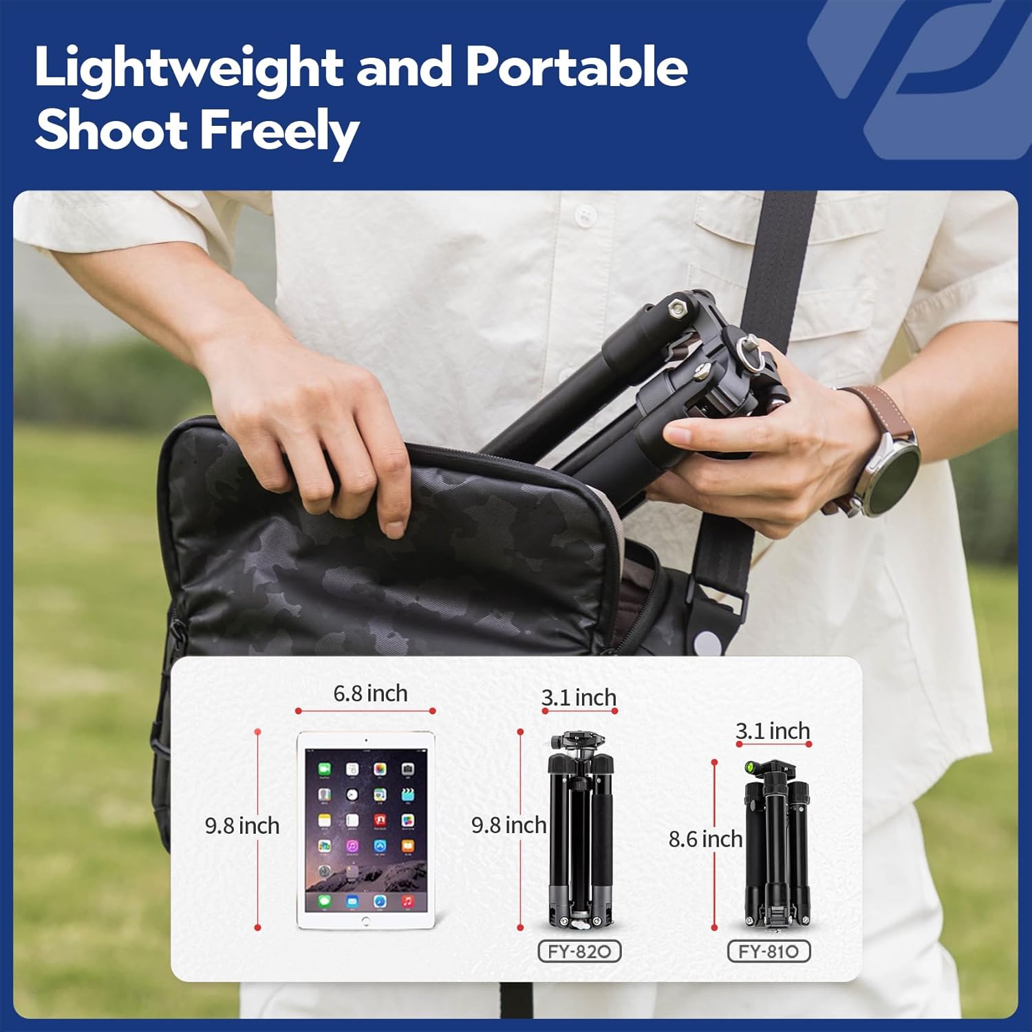 Fotopro Mini Tripod with Ball Head Phone Mount Detachable Selfie Stick Folded only 8.6" Max Load up to 6.6 lbs FY-810 Grey