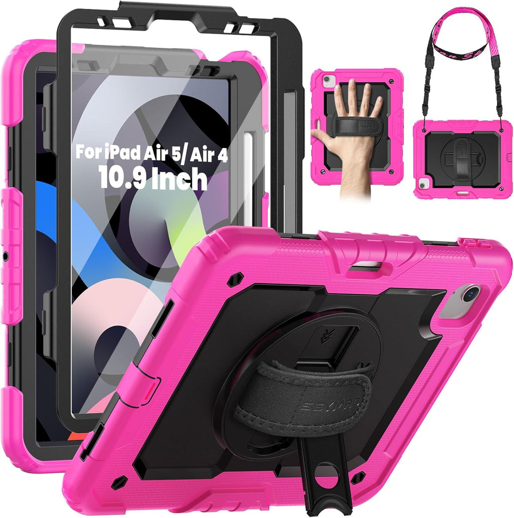 SEYMAC for iPad Air 5th/ 4th Generation Case 10.9 Inch, Full-Body Shockproof Protective Case with Screen Protector, Rotating Stand/Handle/Shoulder Strap for iPad Air 5/ Air 4, Black/Pink