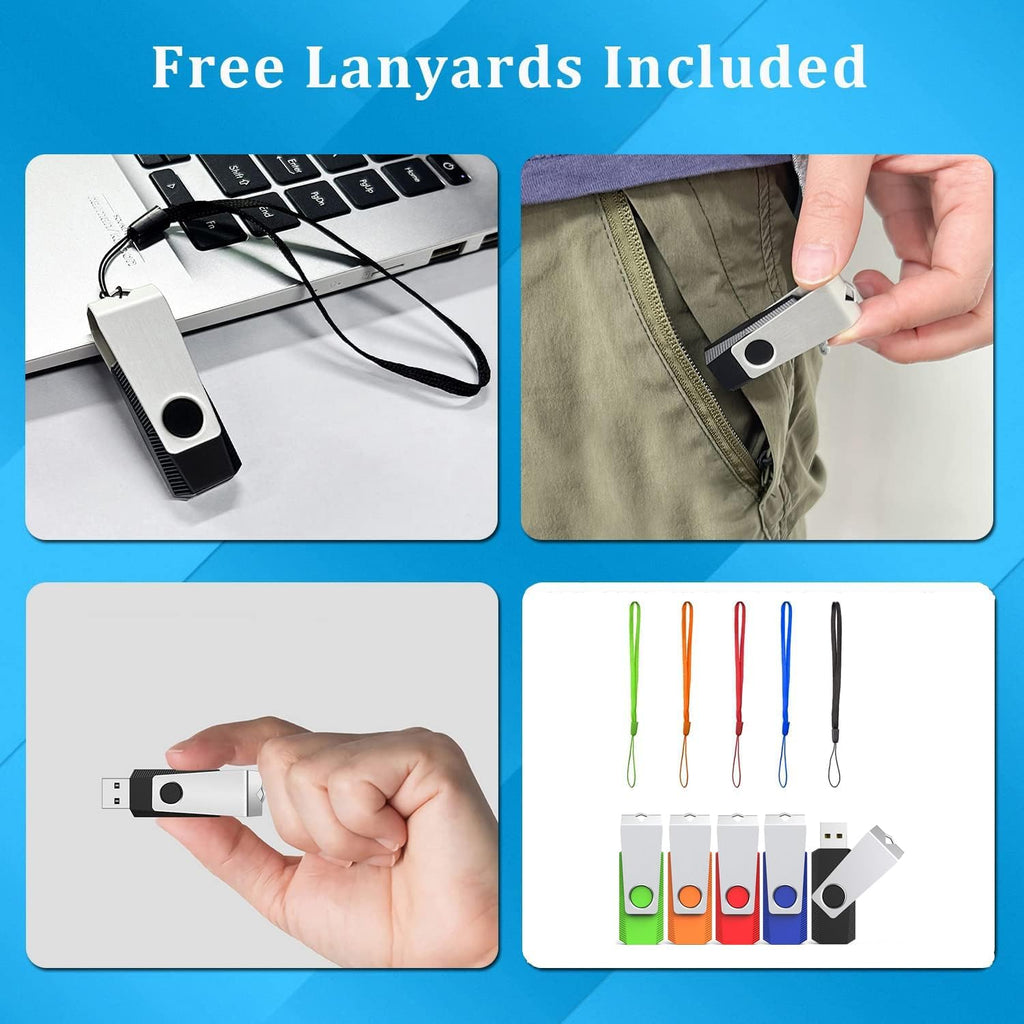 1GB Flash Drive 10 Pack, Wooolken USB 2.0 Memory Stick Thumb Drive with Lanyards Swivel USB Stick for Data Storage and Backup (Mixed Colors)