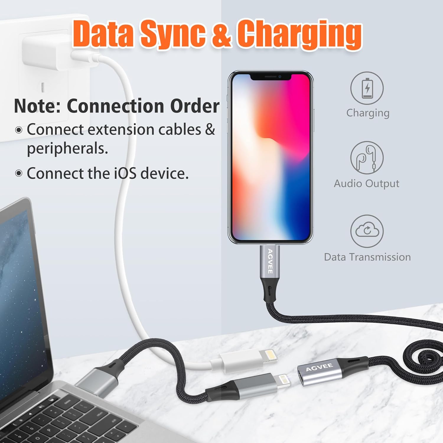 AGVEE 2 Pack 1ft Lightning Extension Cable, Braided Female to Male Extender Full Function Cord Compatible with iPhone iPad, Data Sync Video Audio & Charging Connector Adapter, Dark Gray