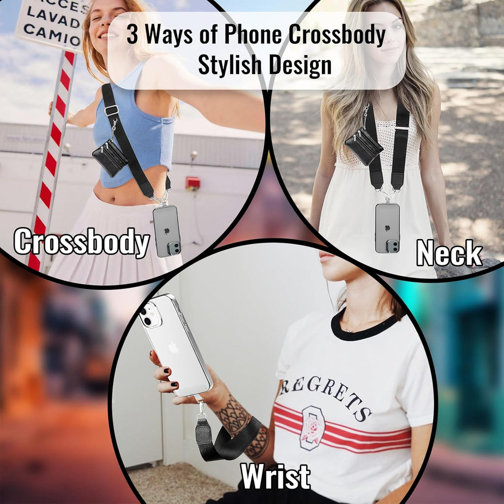 Clip and Go Strap for Phone with Wallet Crossbody Phone Strap Lanyard for Women with Pouch Cell Phone Stand Holder 2 Patches Tether Adjustable Anti Theft Cellphone Chain for iPhone All Phones Black