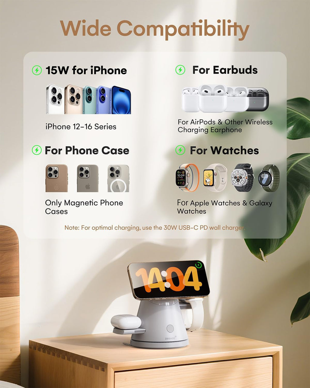 ZEEHOO 4 in 1 Wireless Charging Station for Apple,Mag-Safe Charger&Dimmable Light,Qi2 15W Rotating Fast Wireless Charger for iPhone 16,15,14,13,12&Pixel 10&iWatch&Samsung Watch&AirPods(30W Adapter)