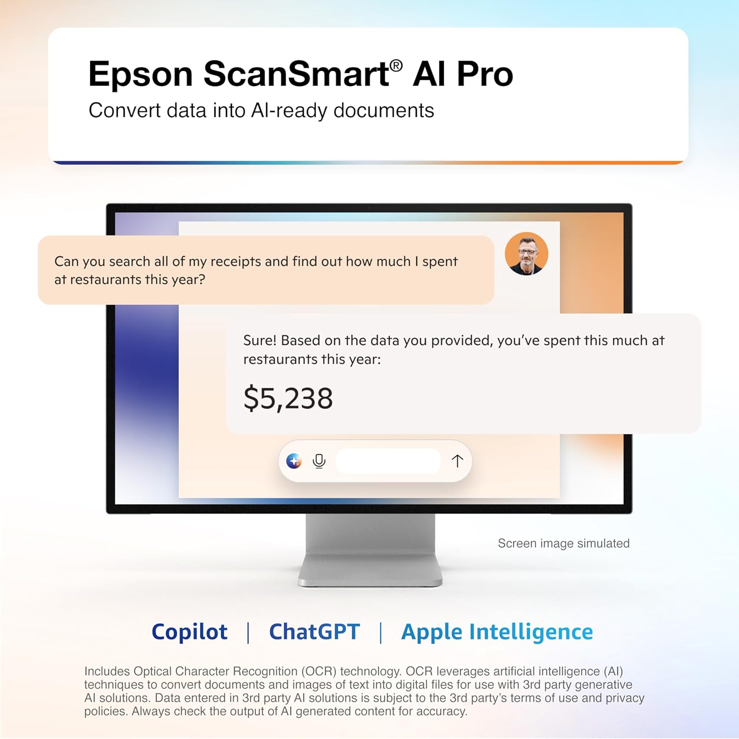 Epson RapidReceipt RR-600W Wireless Desktop Color 2-Sided Receipt & Document Scanner with ScanSmart AI PRO Receipt Management & PDF Software for PC & Mac, Touchscreen & 100-Page Auto Document Feeder