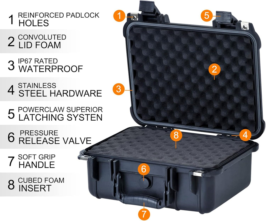 MEIJIA Portable All Weather Waterproof Protective Case,Hard Case,Camera Case With Customized Fit Foam,Fit Use of Drones,Camera,Equipments,Pistols,Elegant Black,13.35 x11.63x5.98inches