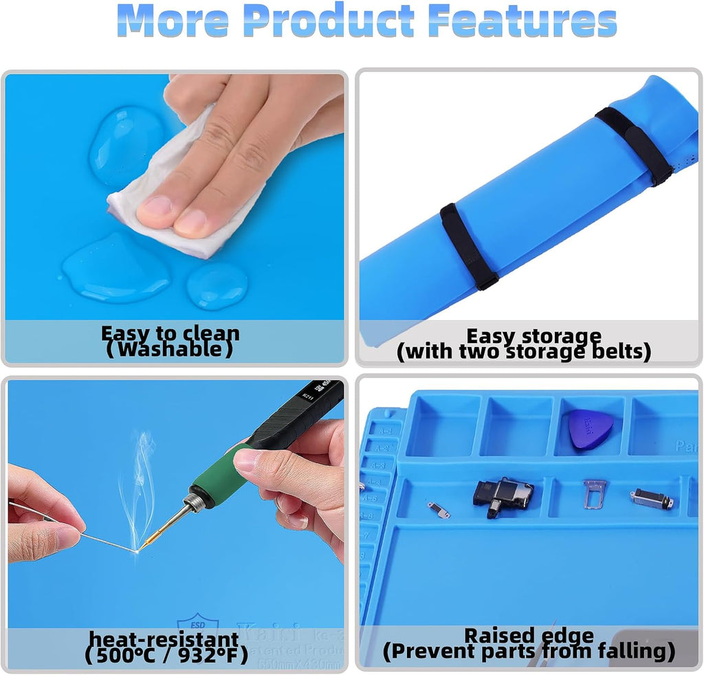 Kaisi Large Anti Static Mat with Grounding Accessories,Heat Resistant Silicone Soldering Mat,Magnetic Work ESD Pad for pc building, Electronics, Laptop, Cellphone Repair Soldering 21.6" x 16.9"