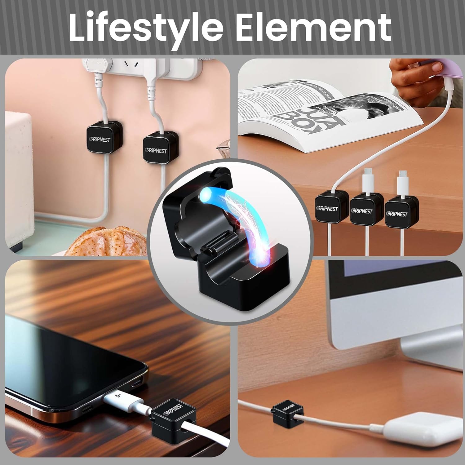 8 Pack Magnetic Cable Clips for Desk, Strong Adhesive Cord Organizer for Cable Management, Reusable Cord Management to Keep Wires Neat for Home, Office, Car & Nightstand