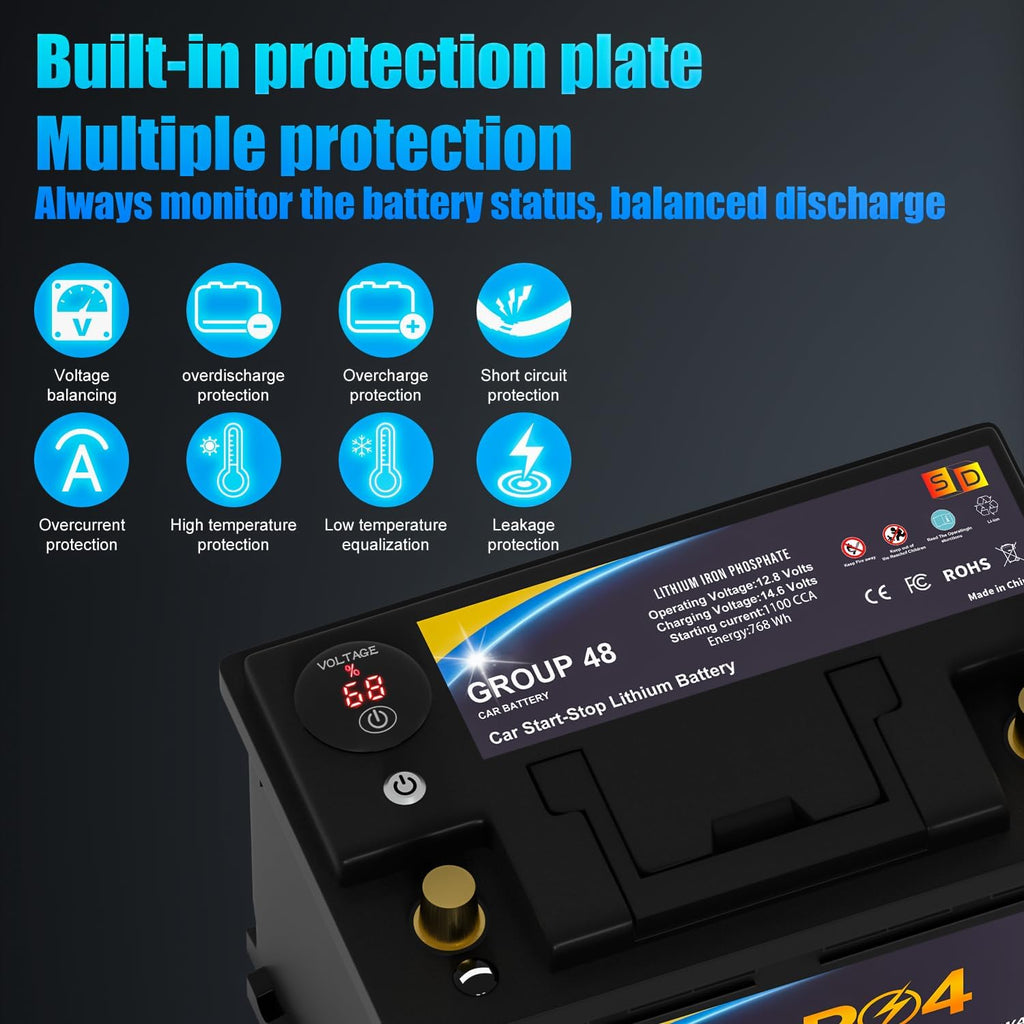 Lithium Start-Stop Car Battery GROUP 48, 12.8V 60Ah 1100CCA LiFePO4 Automotive Battery For Car, With LED Display and Emergency Start Button 60 Months Warranty
