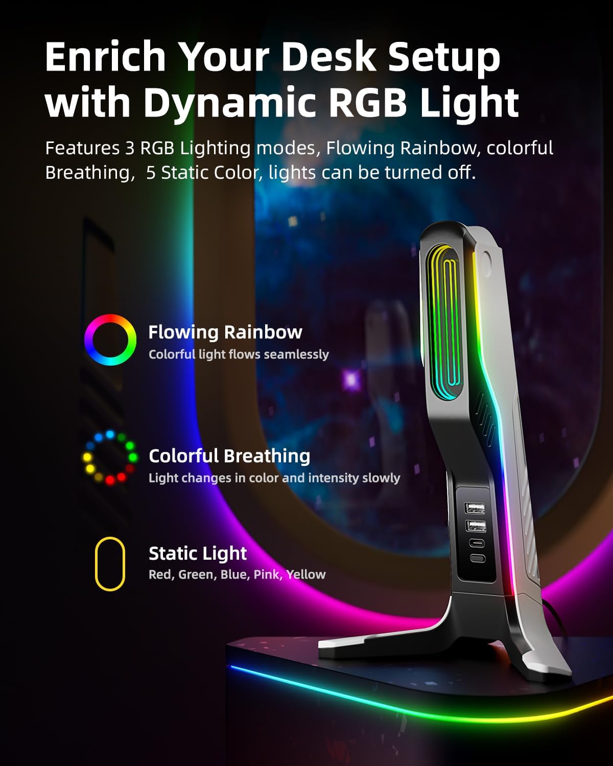 RGB Gaming Headset Stand with 2 USB and 1 Type-C Ports, Game Headphone Mount for PC Computer, Xbox One, Xbox Series S/X, PS5, PS4, Earphone Holder Hanger, Desk Gamer Accessories, Black&White