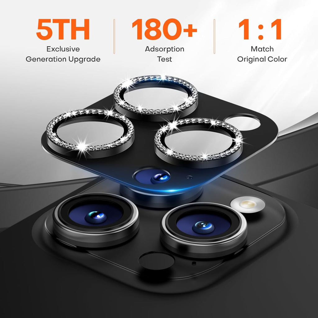 Camera Lens Protector for iPhone 16 Pro Max/16 Pro/15 Pro Max/15 Pro/14 Pro Max/14 Pro, Aluminum Alloy Sapphire Glass Camera Screen Cover, Case Friendly- Black Diamond