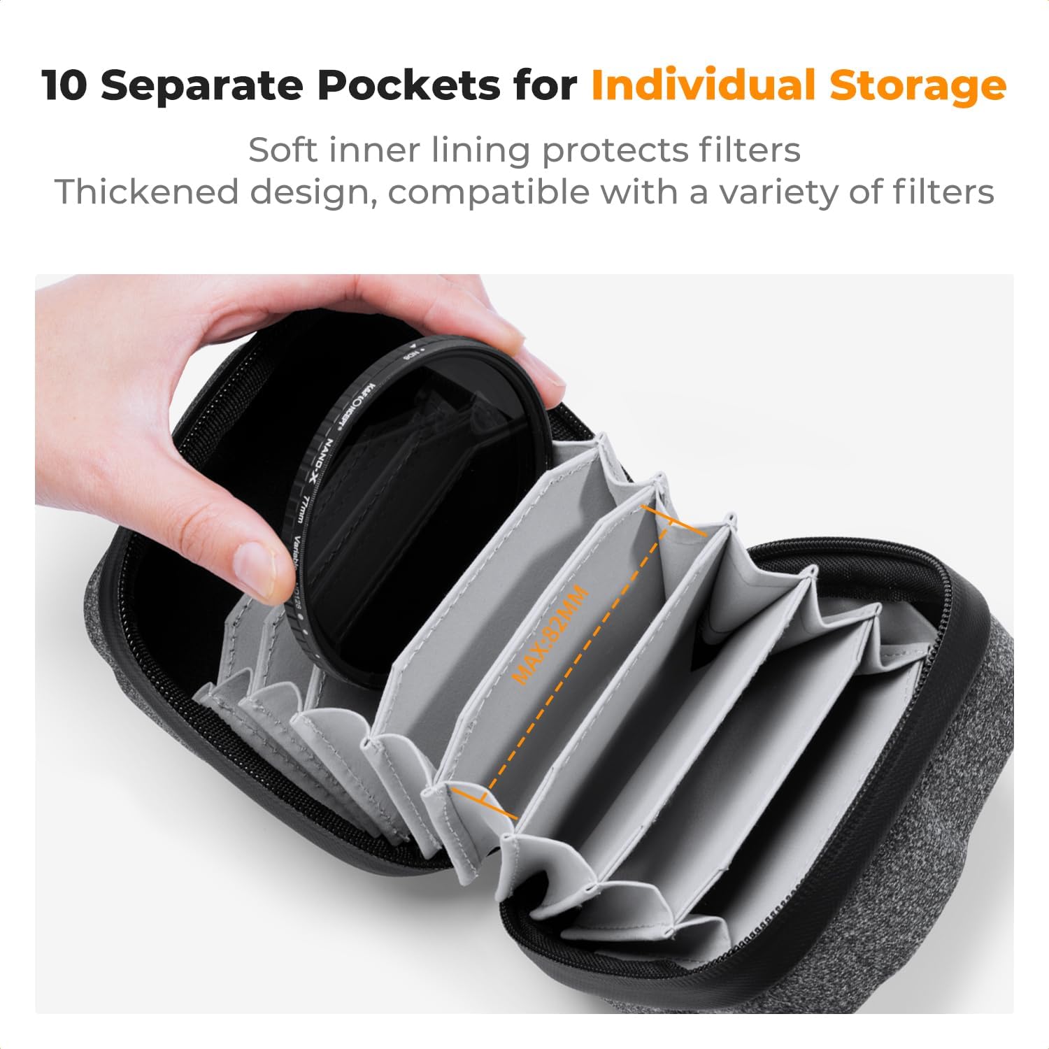 K&F Concept 10 in 1 Lens Filter Case, Hard Shell Camera Filter Pouch Up to 82mm with Hand Strap, Waterproof Camera Lens Filter Storage Wallet for ND UV CPL Filter Pouch