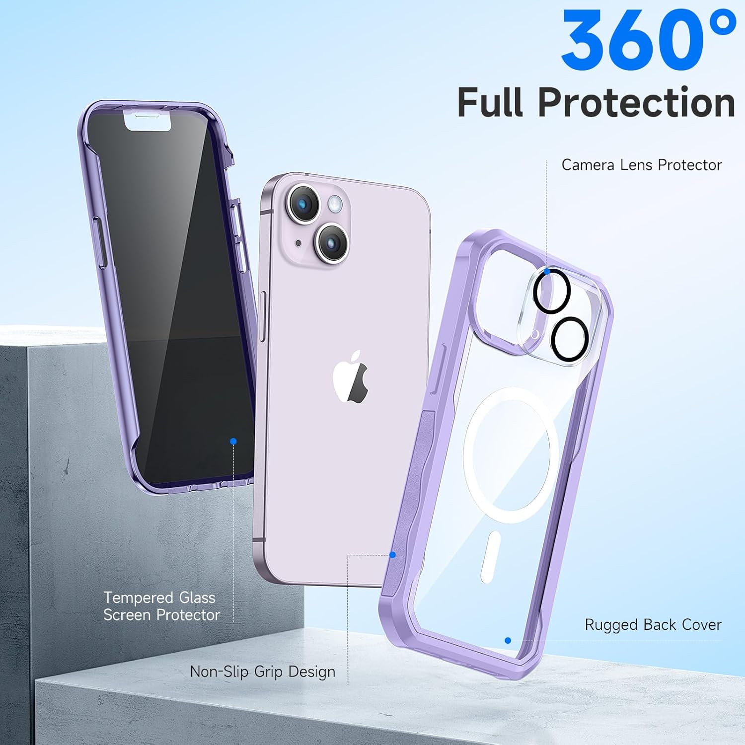 seacosmo for iPhone 14 Case, Full Body Bumper with Built-in 9H Tempered Glass Privacy Screen Protector and Camera Lens Protector, Compatible with MagSafe, Shockproof 14 Phone Case, 6.1", Light Purple