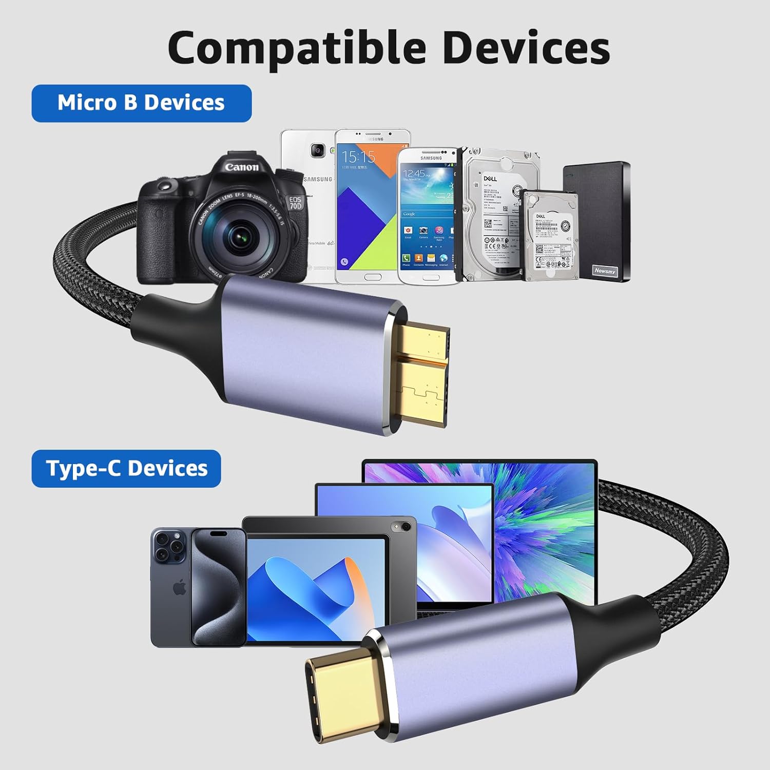 USB 3.1 Micro B to USB C Hard Drive Cables, 6FT 10 Gbps USB C to Micro B, External Hard Drive Cable Compatible with MacBook Pro/Air, iPad/Tablet, iPhone, Samsung Galaxy S24, WD Seagate etc
