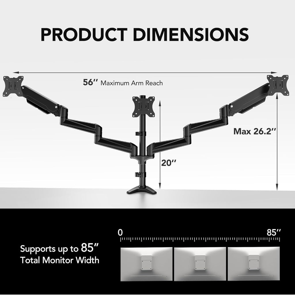 HUANUO Triple Monitor Mount for 17 to 32 inch Screens, Adjustment Triple Monitor Stand with Swivel, Tilt, Rotation, Clamp & Grommet Kit (Black)