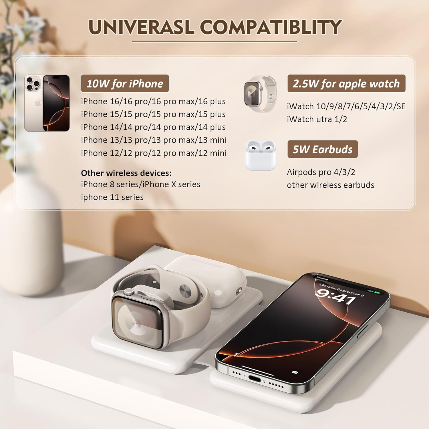 Magnetic Wireless Charger for iPhone: 3 in 1 Travel Charging Station for Apple Devices for iPhone 16 15 14 13 12 Pro Max Plus - Foldable Charging Pad for Apple Watch Series & Airpods 4 3 2 Pro