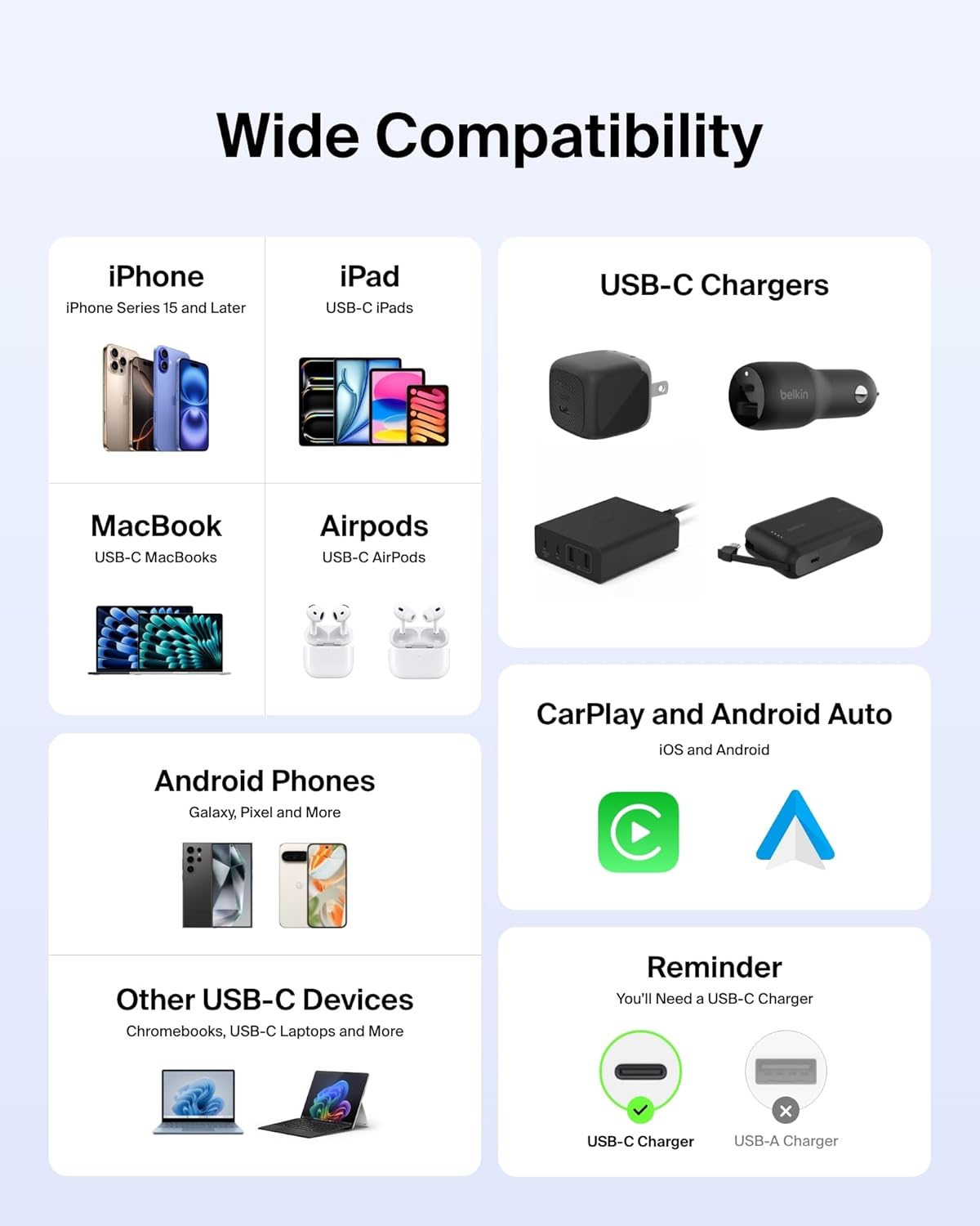 Belkin USB C to USB C Cable, 3.3ft, 60W - Type C Charger, iPhone Charger Cord, Soft, Braided, Flexible for iPhone 16, Galaxy S25, Pixel 9, Airpods, iPad Pro, Tablet & More, Travel Essentials - Blue