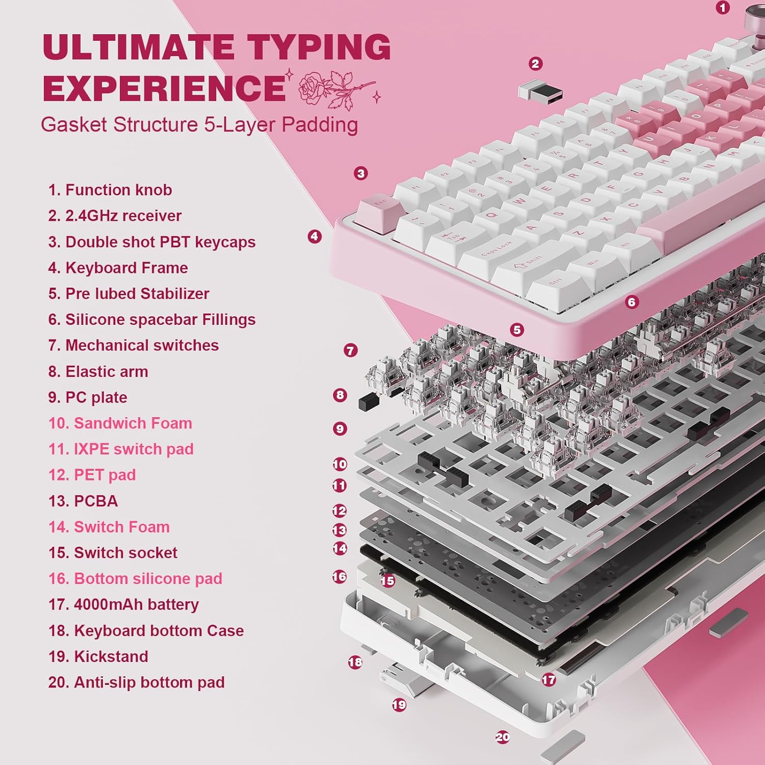 YUNZII B75 PRO Wireless Mechanical Keyboard,75% Layout with Knob,Hot Swap Gasket Structure,Creamy Pre-lubed Switches,RGB Backlit,Bluetooth/Type-C/2.4G for Win/Mac (White, Milk Switch)
