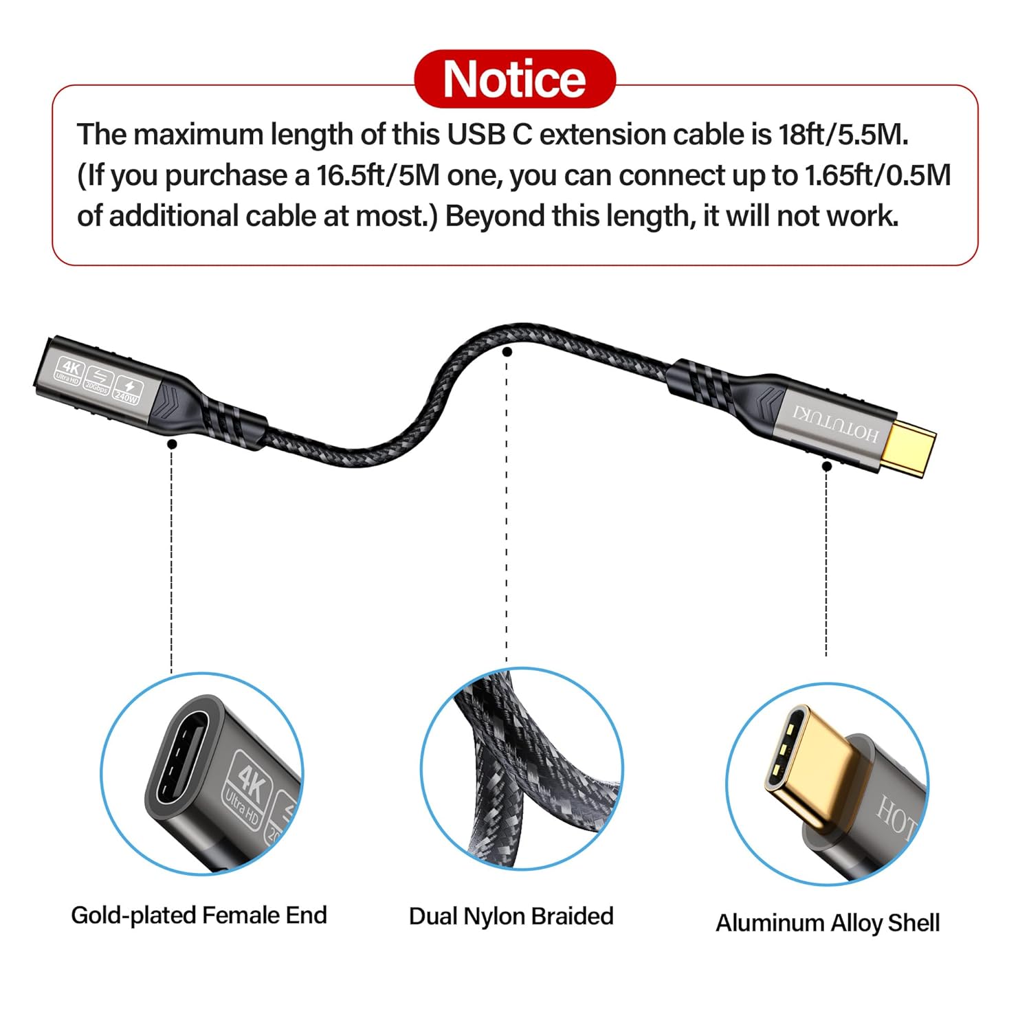 USB-C Extension Cable 6.6ft, 20Gbps Data Transfer, 4K@60Hz, 240W Charging, Male to Female Compatible with Cell Phone Cord Extension