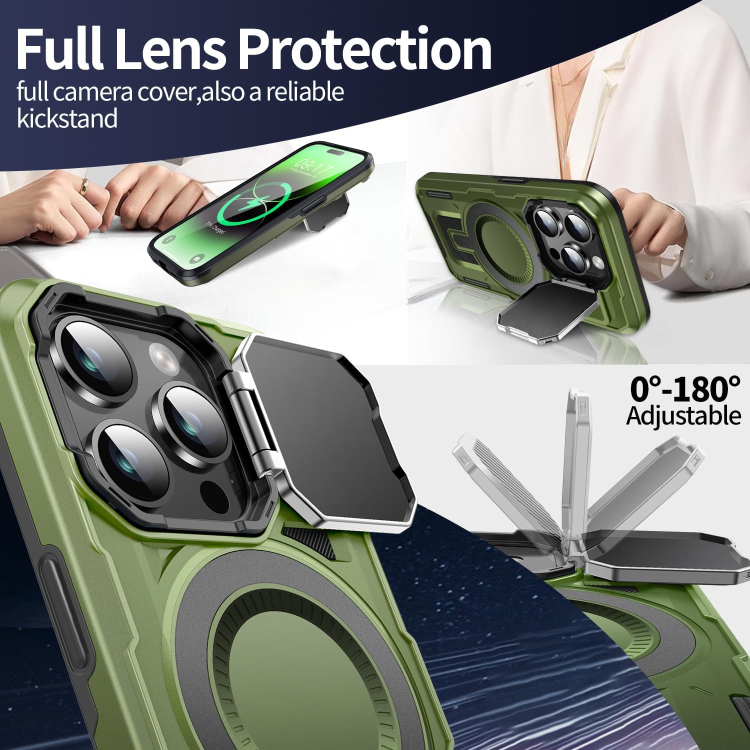 Camera Stand Case for iPhone 14 Pro, [Compatible with Mag Safe] [Lens Cover] 2024 Version Military Grade Protective Soft Case for iPhone 14 Pro 6.1 inch Men Women, Green