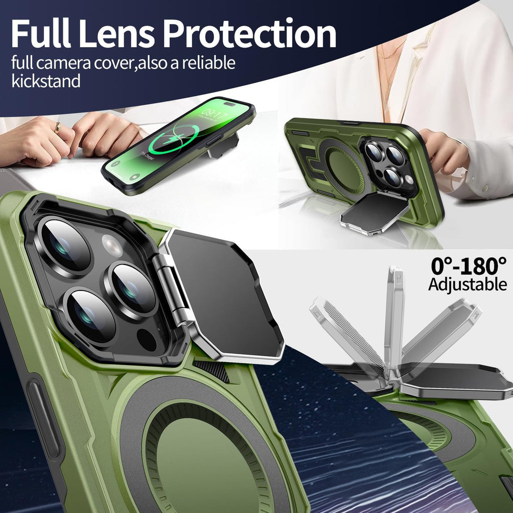 Camera Stand Case for iPhone 14 Pro Max, [Compatible with Mag Safe] [Lens Cover] 2024 Version Military Grade Protective Soft Case for iPhone 14 Pro Max 6.7 inch Men Women, Green