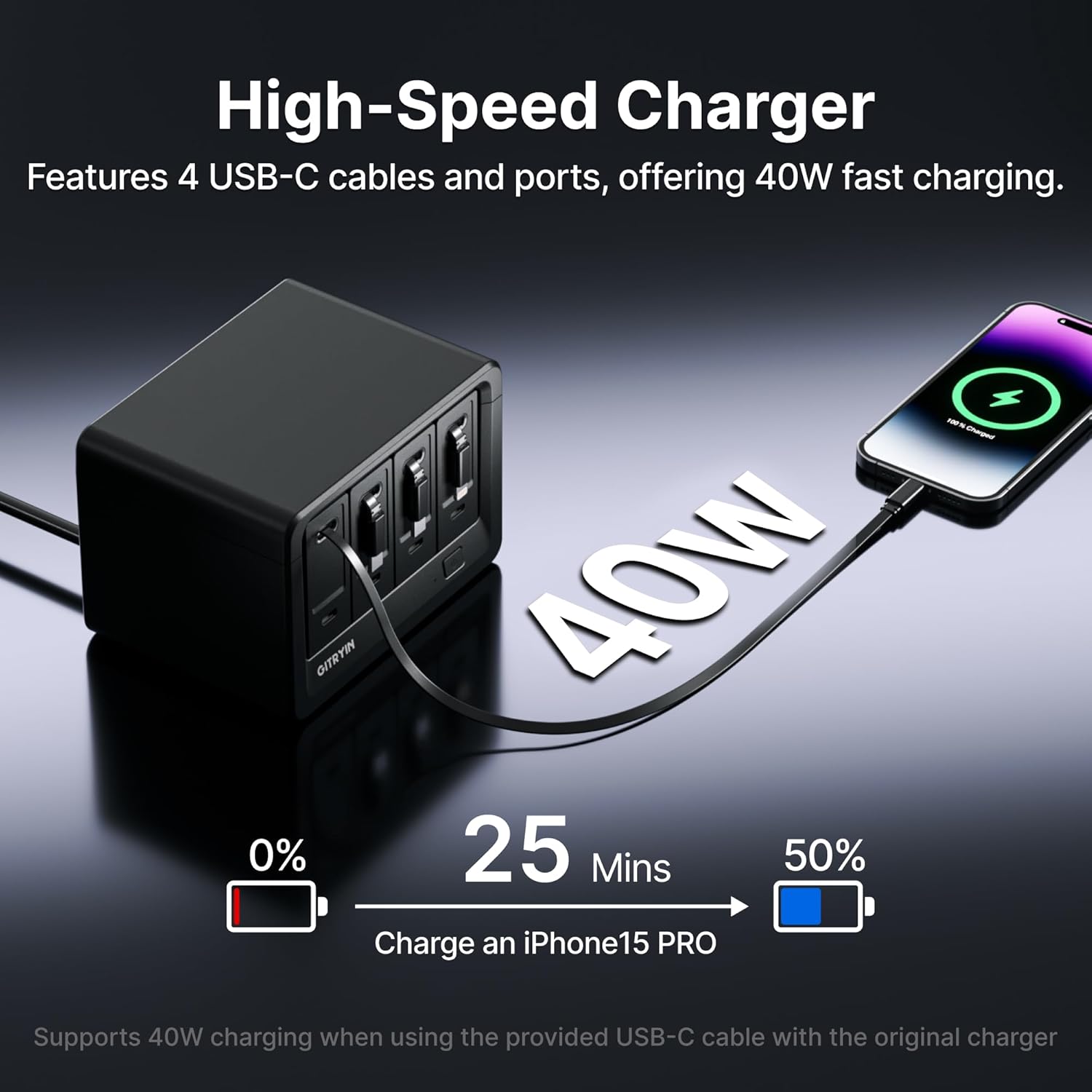 Gitryin 12-in-1 Desktop Charging Station with 3 Retractable Type-C Chargers and 1 Lightning Charger, 40W USB-C Power Strip with Flat Plug, Extension Cord with 1020J Surge Protection for Home Office