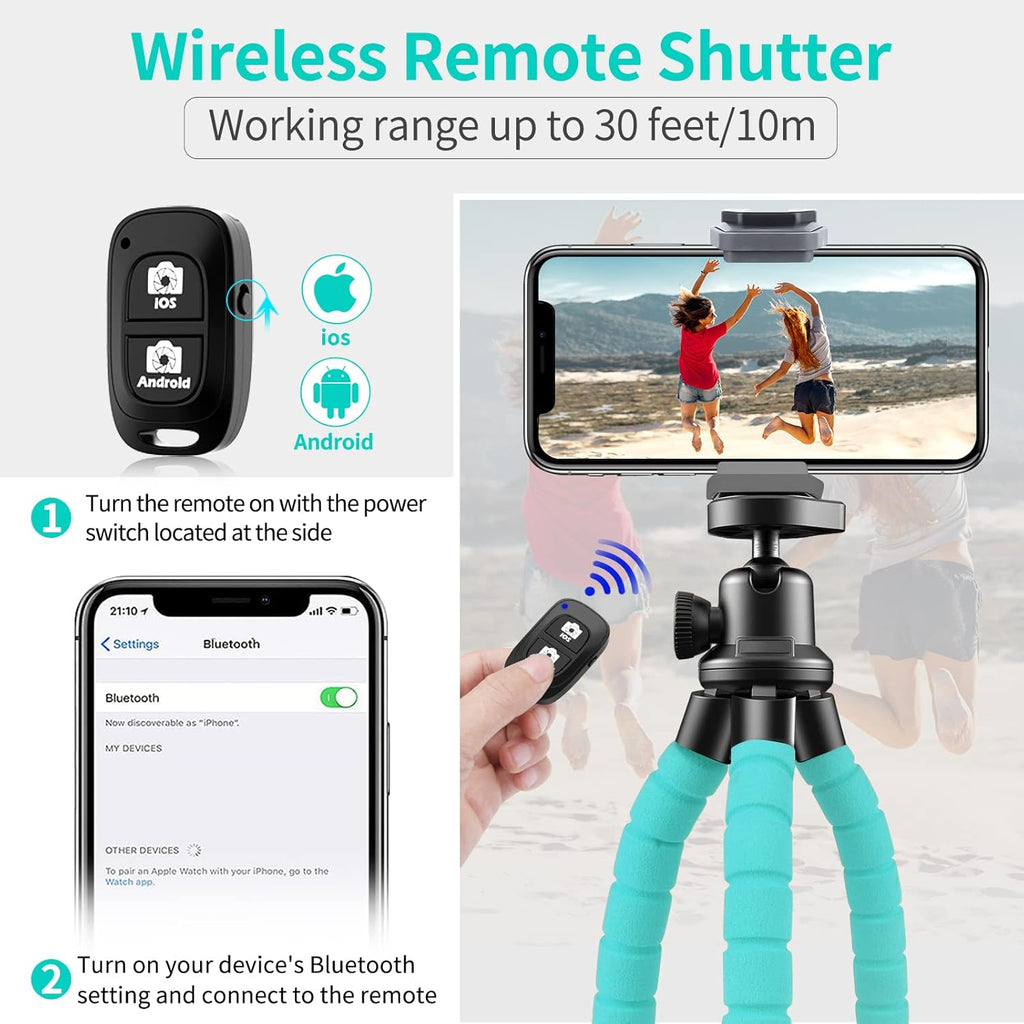 Aureday Phone Tripod, Flexible Tripod for iPhone and Android, Portable with Wireless Remote and Clip for Video Recording/Vlogging/Selfie (Blue)