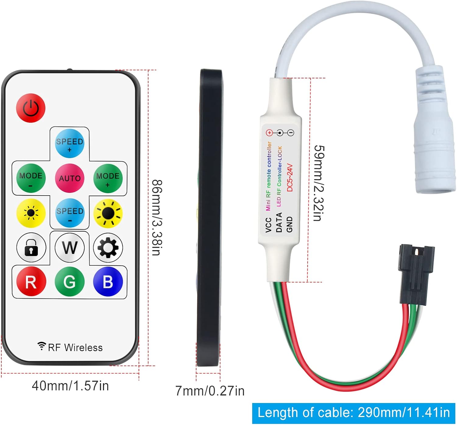 RGBZONE RF 3-PIN LED Controller, RF Wireless Remote Control, DC 5V/12V/24V Mini LED Controller for WS2812 WS2811LED Strip Light (14 Key)