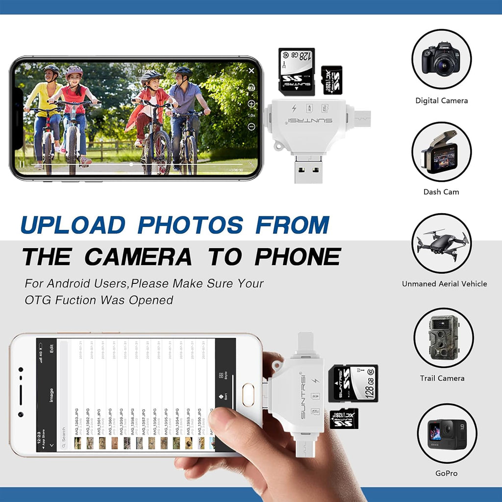 SD/Micro SD Card Reader for iPhone/ipad/Android/Mac/Computer/Camera,Portable Memory Card Reader 4 in 1 Micro SD Card Adapter&Trail Camera Viewer Compatible for TF and SD Card