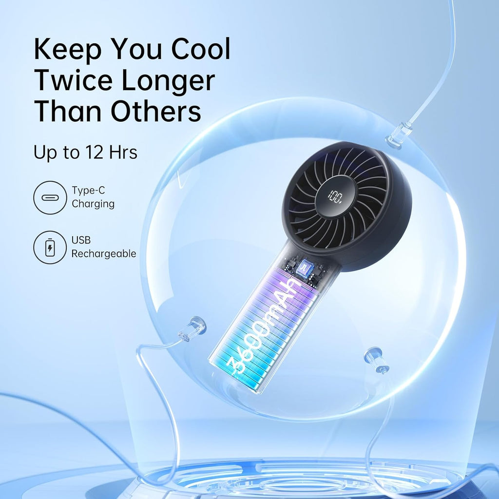 JISULIFE Handheld Portable Fan with Powerful Motor,LED Display,3600mAh Battery,5 Wind Speeds,Lanyard; Summer Essentials USB Rechargeable Hand held Fan for Travel,Beach,Makeup,Concerts-Black