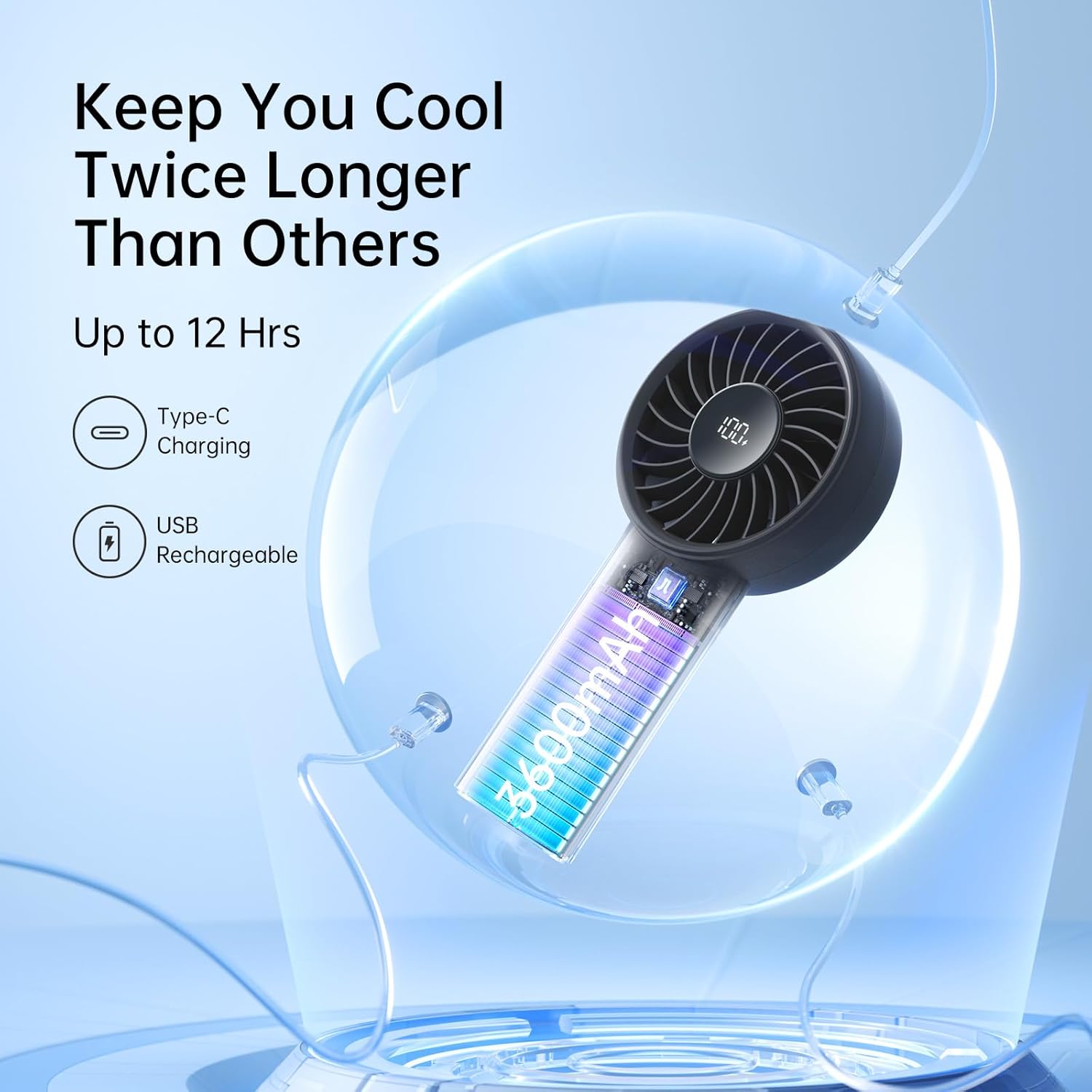 JISULIFE Handheld Portable Fan with Powerful Motor,LED Display,3600mAh Battery,5 Wind Speeds,Lanyard; Summer Essentials USB Rechargeable Hand held Fan for Travel,Beach,Makeup,Concerts-Black