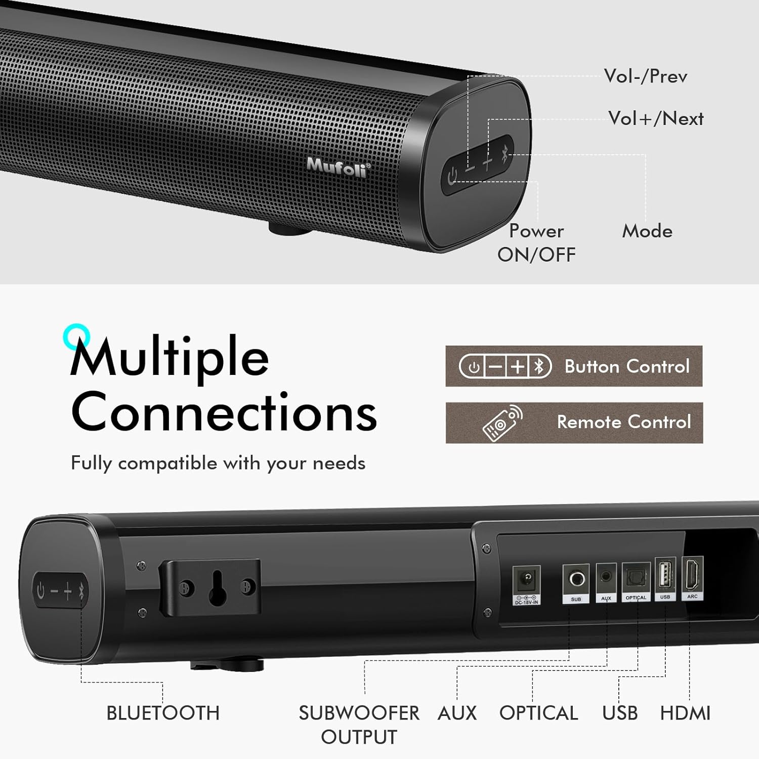 Sound Bars for TV with Subwoofer 2.1 CH 120W Soundbar for TV, for PC, Gaming, Surround Sound System TV Sound Bar Speakers, Home Theater with Bluetooth, HDMI, AUX, USB, Opt Connection, 16 Inch, MF604S