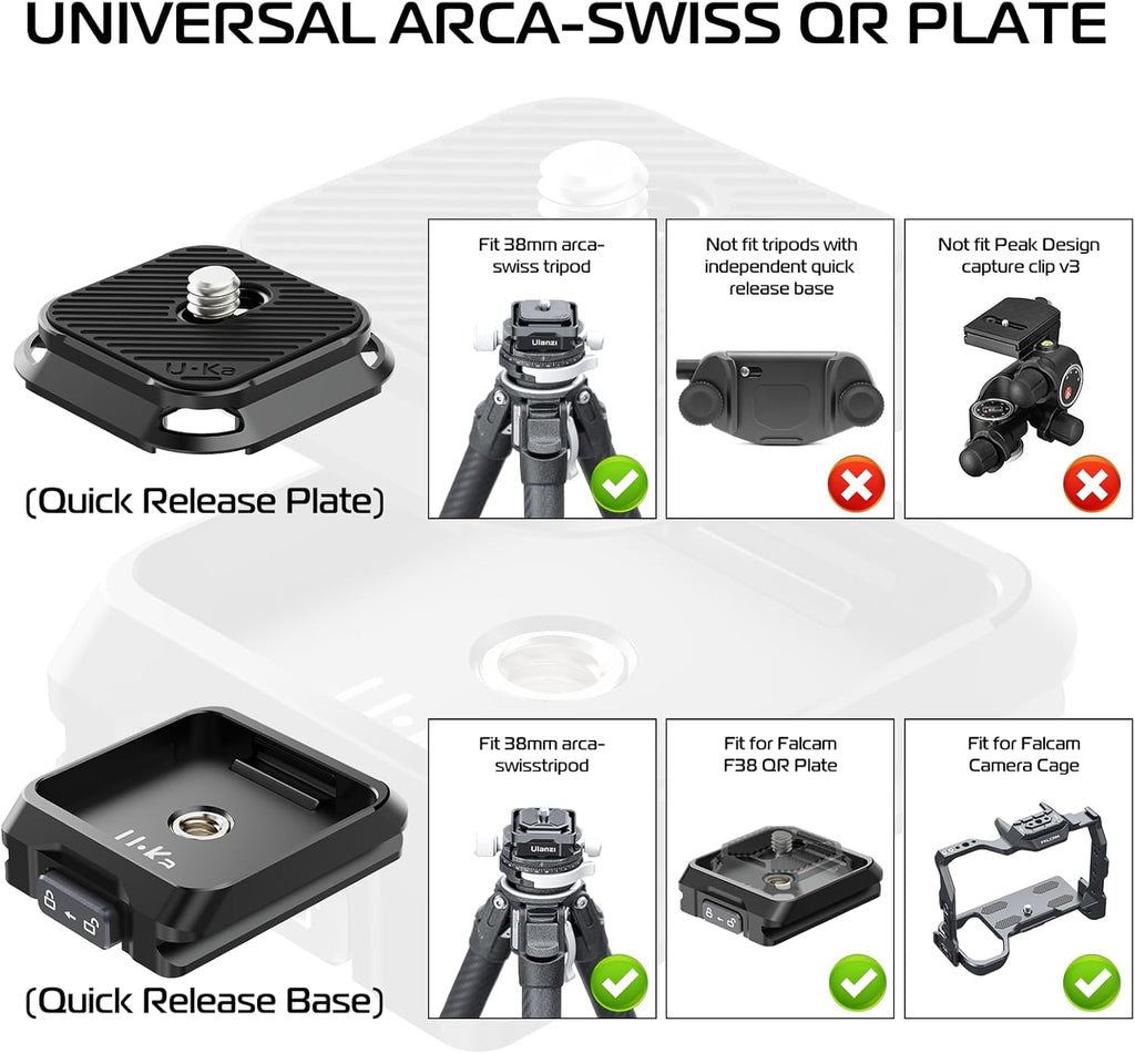 ULANZI UKA01 Quick Release Plate Kit, Arcac/F38 Interface Camera Quick Release Plate Mount Quick Setup w/ 1/4" to 3/8" Screw Thread Gimbles Sliders Tripods Adapter for Sony/Nikon/DJI/Fuji