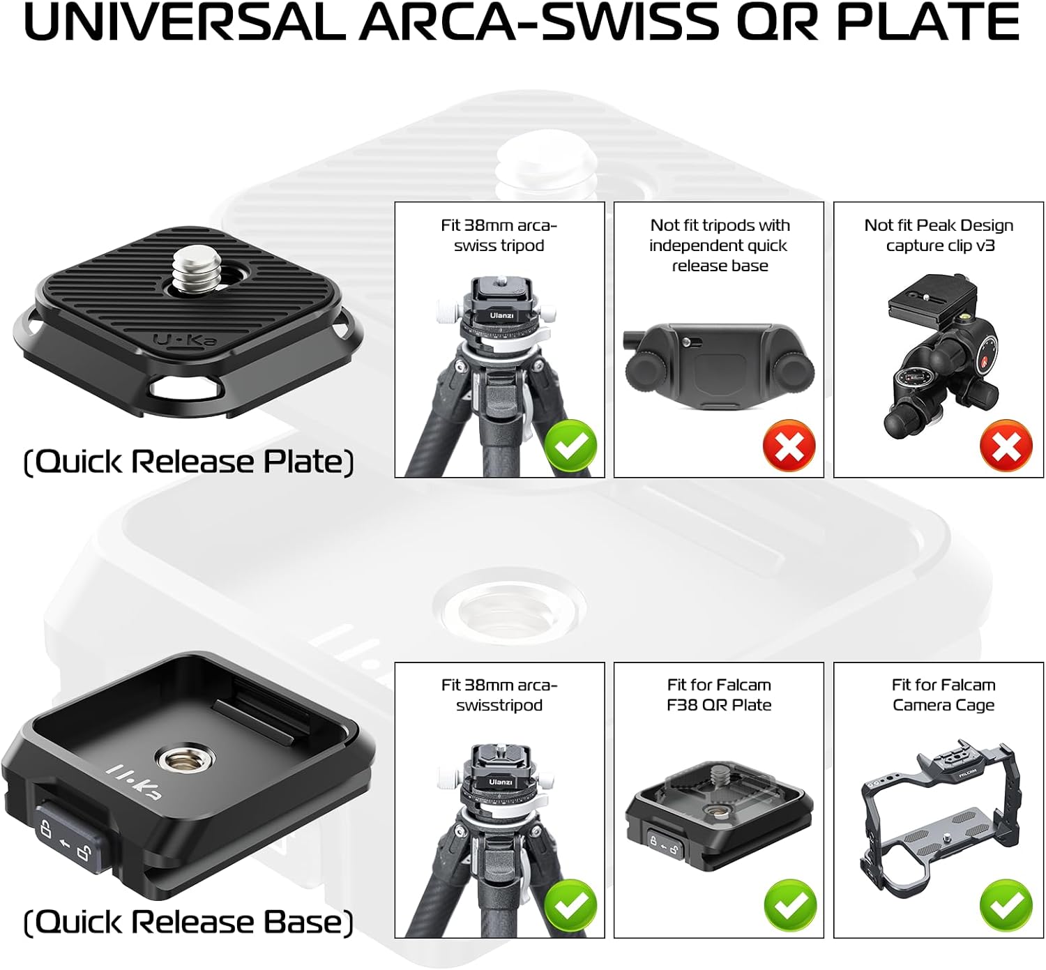 ULANZI UKA01 Quick Release Plate Kit, Arcac/F38 Interface Camera Quick Release Plate Mount Quick Setup w/ 1/4" to 3/8" Screw Thread Gimbles Sliders Tripods Adapter for Sony/Nikon/DJI/Fuji