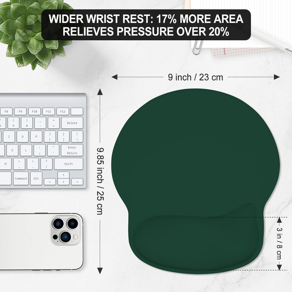 ITNRSIIET Ergonomic Mouse Pad with Wider Memory Foam Wrist Rest +17% - Curved Cushion Reduces Pressure 20%, Pain Relief, Non-Slip, Smooth, Cute Colors, 9.85 x 9 in, Deep Green