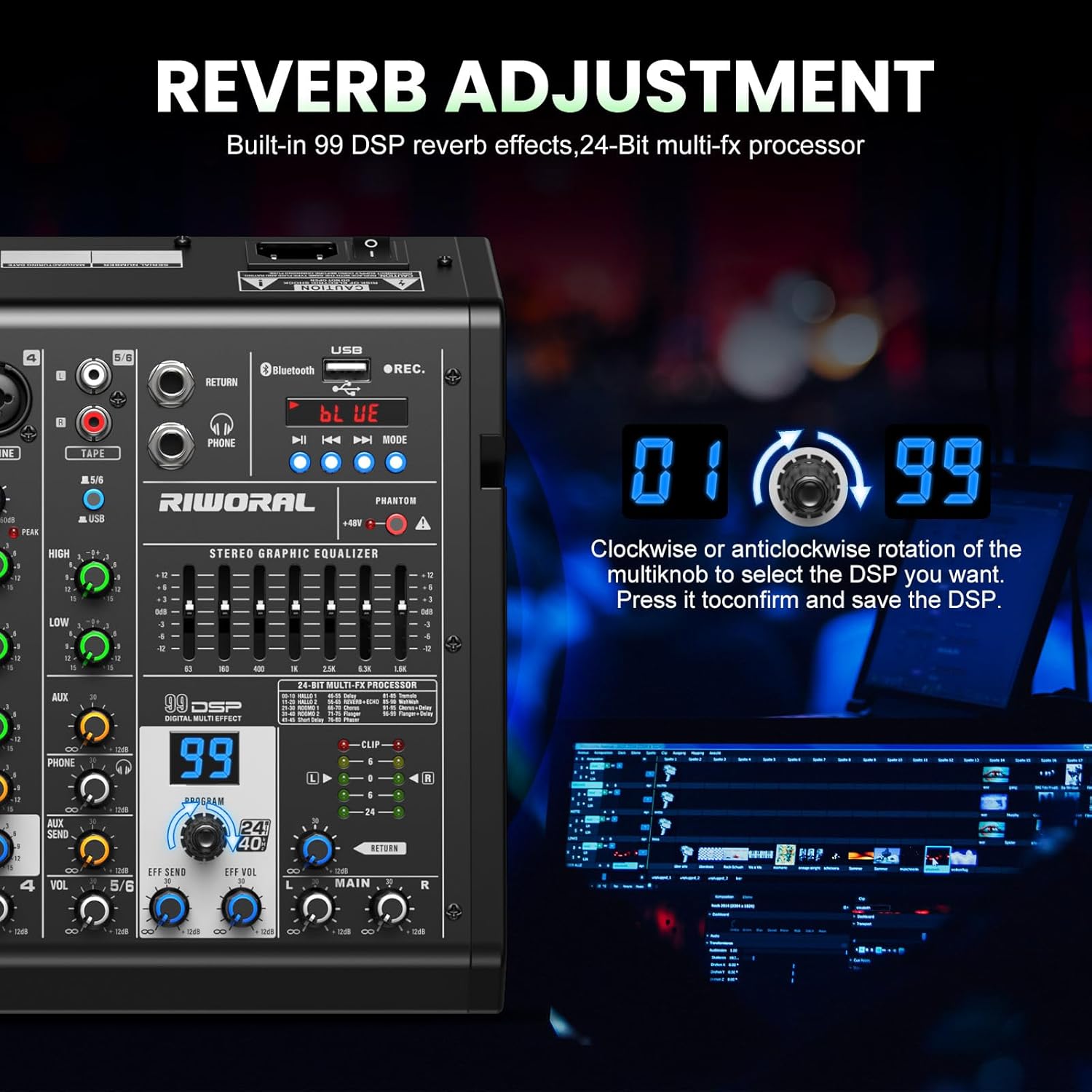 6 Channel Audio Interface Dj Mixer Soundboard Console 99 Dsp Reverb Delay Effect USB Bluetooth Studio Audio Mixer +48V Phantom Bluetooth for Karaoke Streaming Recording, Live Broadcast