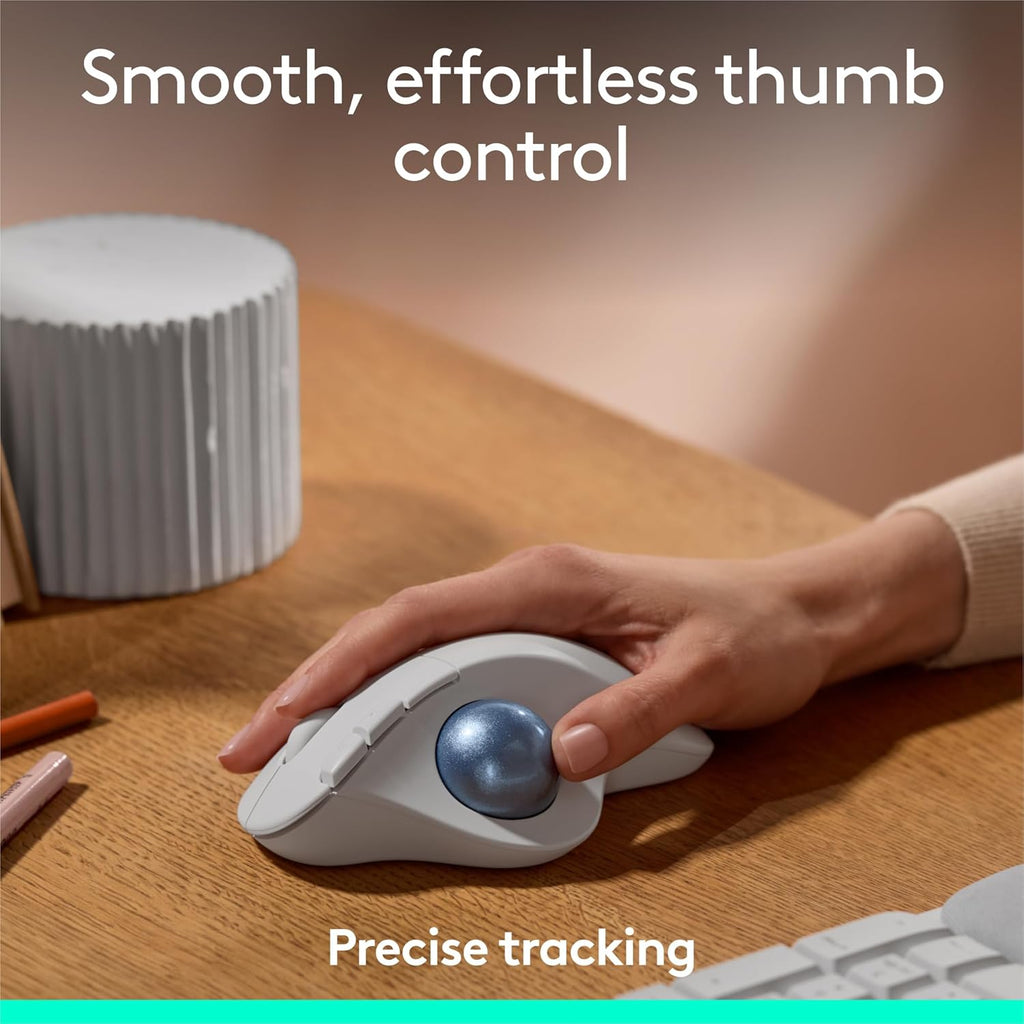 Logitech Ergo M575S Wireless Trackball Mouse, Wireless Ergonomic Mouse with Bluetooth and Encrypted Dongle, Comfortable Thumb Control, Precise and Smooth Tracking, for PC/Mac - Off-White Blue Ball