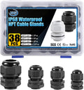 XHF IP68 Nylon Waterproof NPT Cable Glands Assortment 38pcs 1/4", 3/8'', 1/2'', 3/4'' UL Listed and RoHS Cord Grip Compliant Cable Strain Relief Black