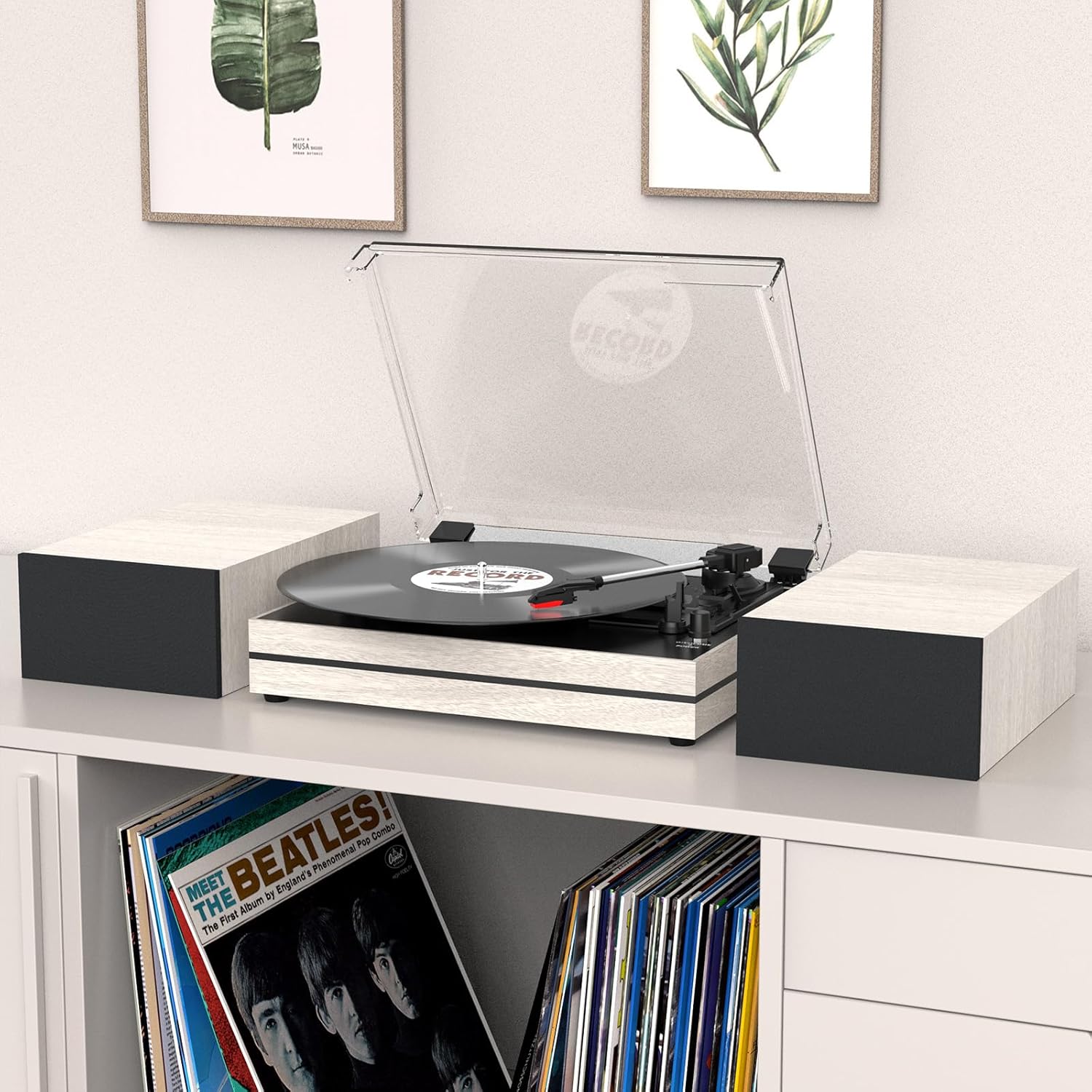 Record Player for Vinyl with External Speakers, Belt-Drive Turntable with Dual Stereo Speakers Vintage Vinyl LP Player Support 3 Speed Wireless AUX Headphone Input Auto Stop for Music Lover White