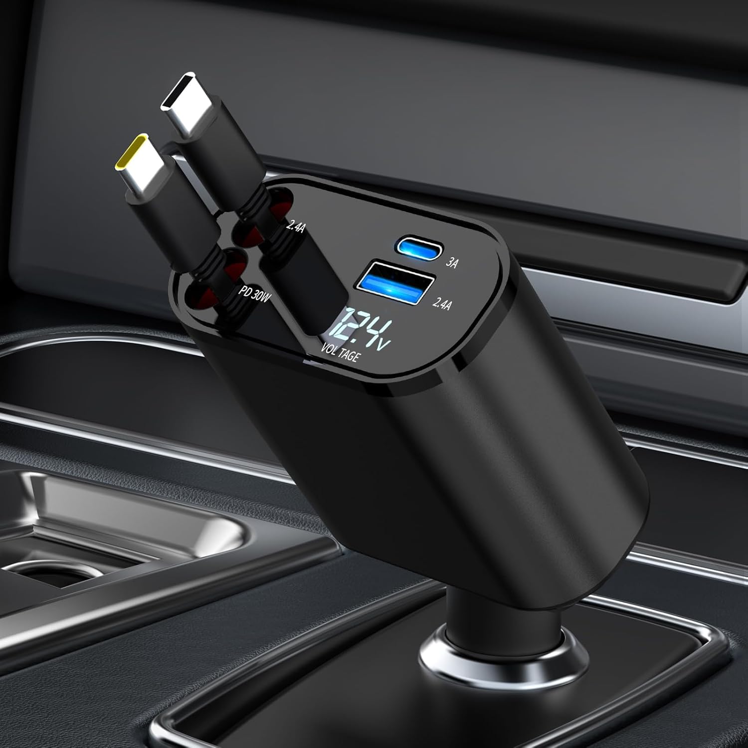 Retractable Car Charger Compatible with Galaxy Pixel, 4 in 1 Fast Charging Car Charger 60W, Double Type C Retractable Cable and 2 USB Ports
