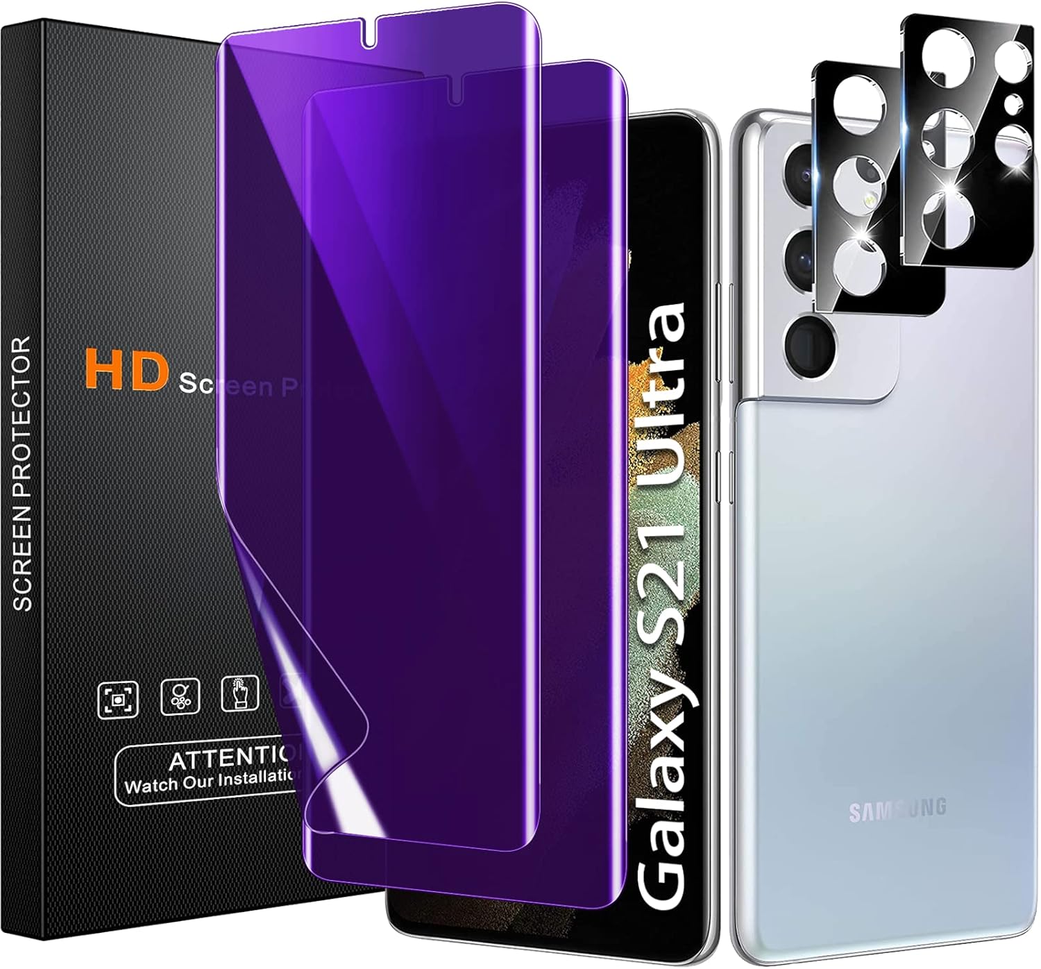 [2+2 Pack] Lesakit Anti-Blue Light Privacy Screen Protector for Samsung Galaxy S21 Ultra 6.8 inch with 2 Pack Camera Lens Protector, [Support Fingerprint ID] Anti Spy TPU Flexible Screen Protector- Purple