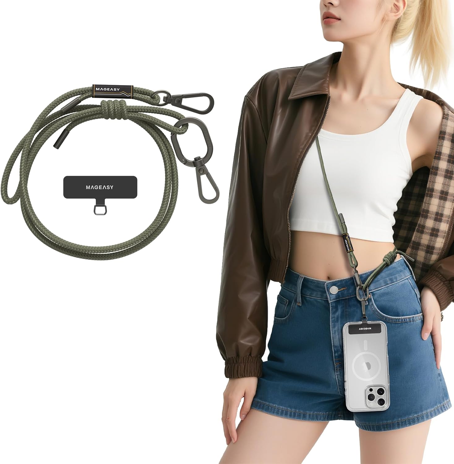 MAGEASY Universal Cell Phone Lanyard - Anti-Theft Rope Crossbody Phone Strap for iPhone 16 Pro Max & Most Smartphones, for Men & Women | 6mm Army Green