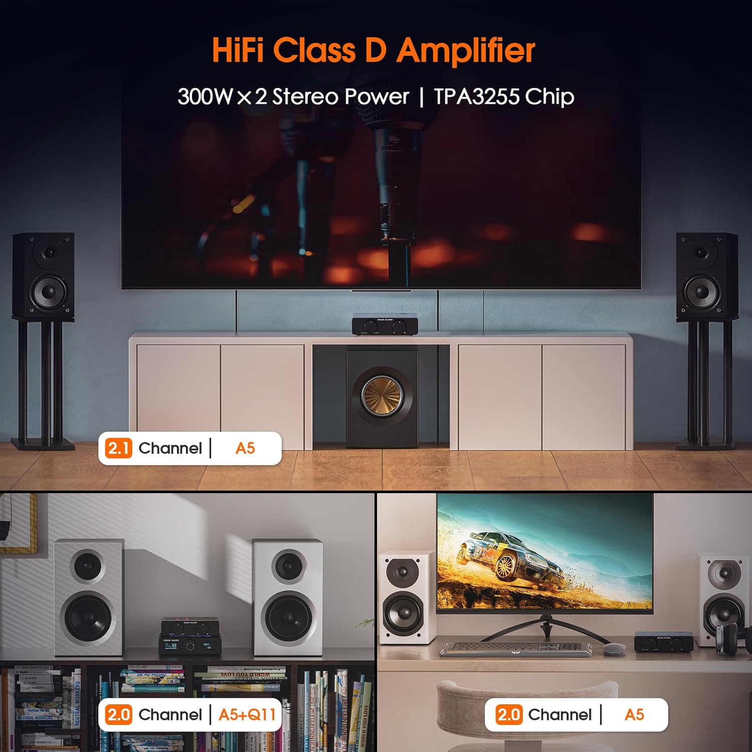 Douk Audio A5 2 Channel TPA3255 Stereo Amp, 300 Watts x2 Mini Hi-Fi Audio Power Amplifier Class D for Home Theater System, Passive Bookshelf Tower Speakers with High-Pass Filter + 32V Power Supply