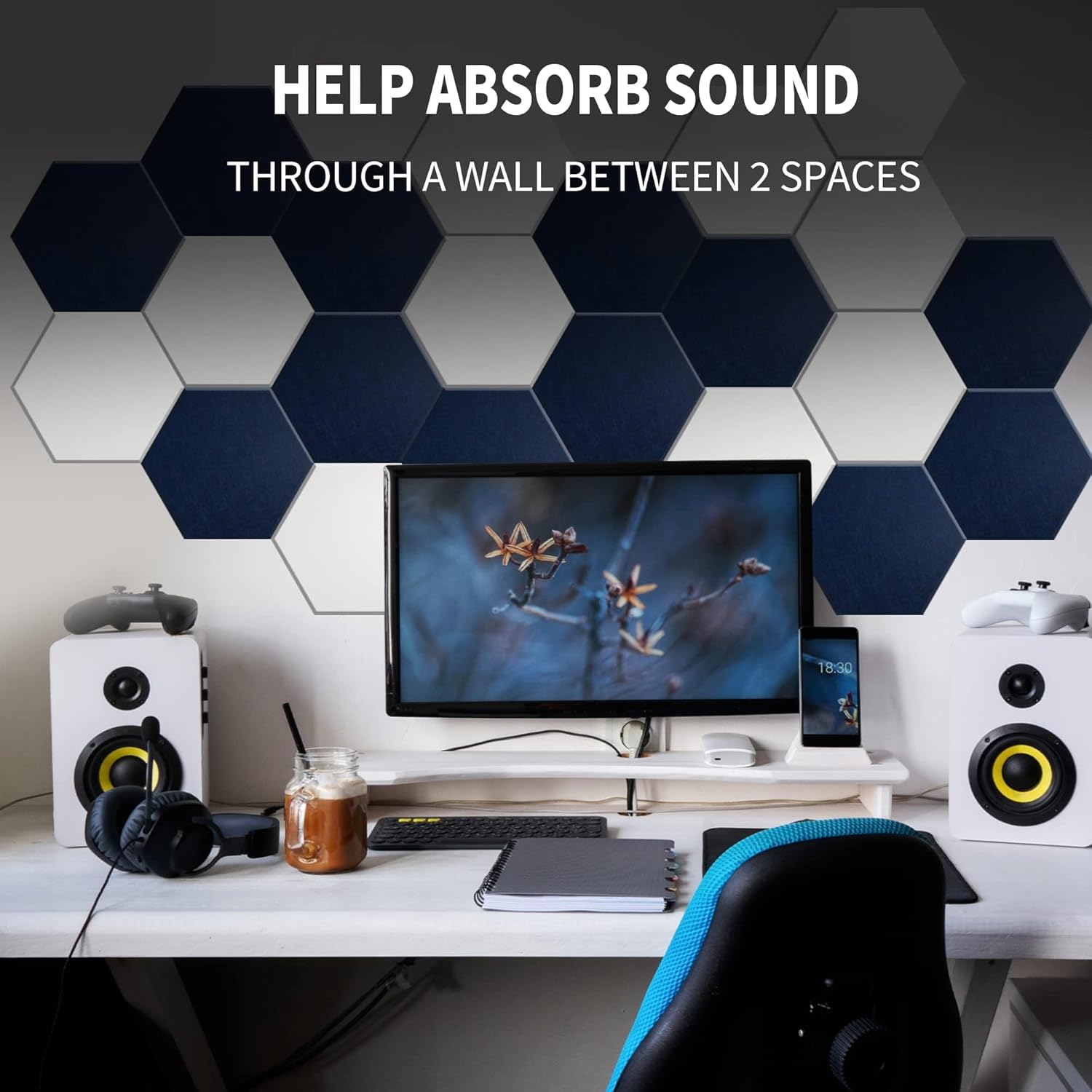 Mollywell Hexagon Acoustic Panels, High Density, Soundproofing, Decorative Noise Reduction Felt Wall Tiles for Ceilings, Home Office & Gaming Room (Lemon Green), 14x12x0.4 Inch