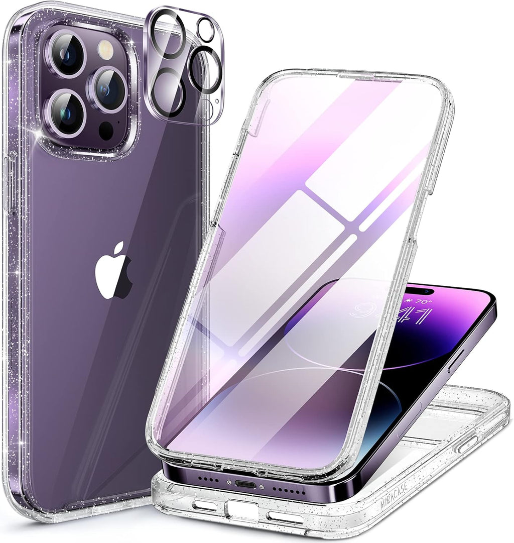 Miracase Glass Series Designed for iPhone 14 Pro Case 6.1 Inch, Upgrade Full-Body Bumper Case with Built-in 9H Tempered Glass Screen Protector, with Camera Lens Protector, Glitter Clear