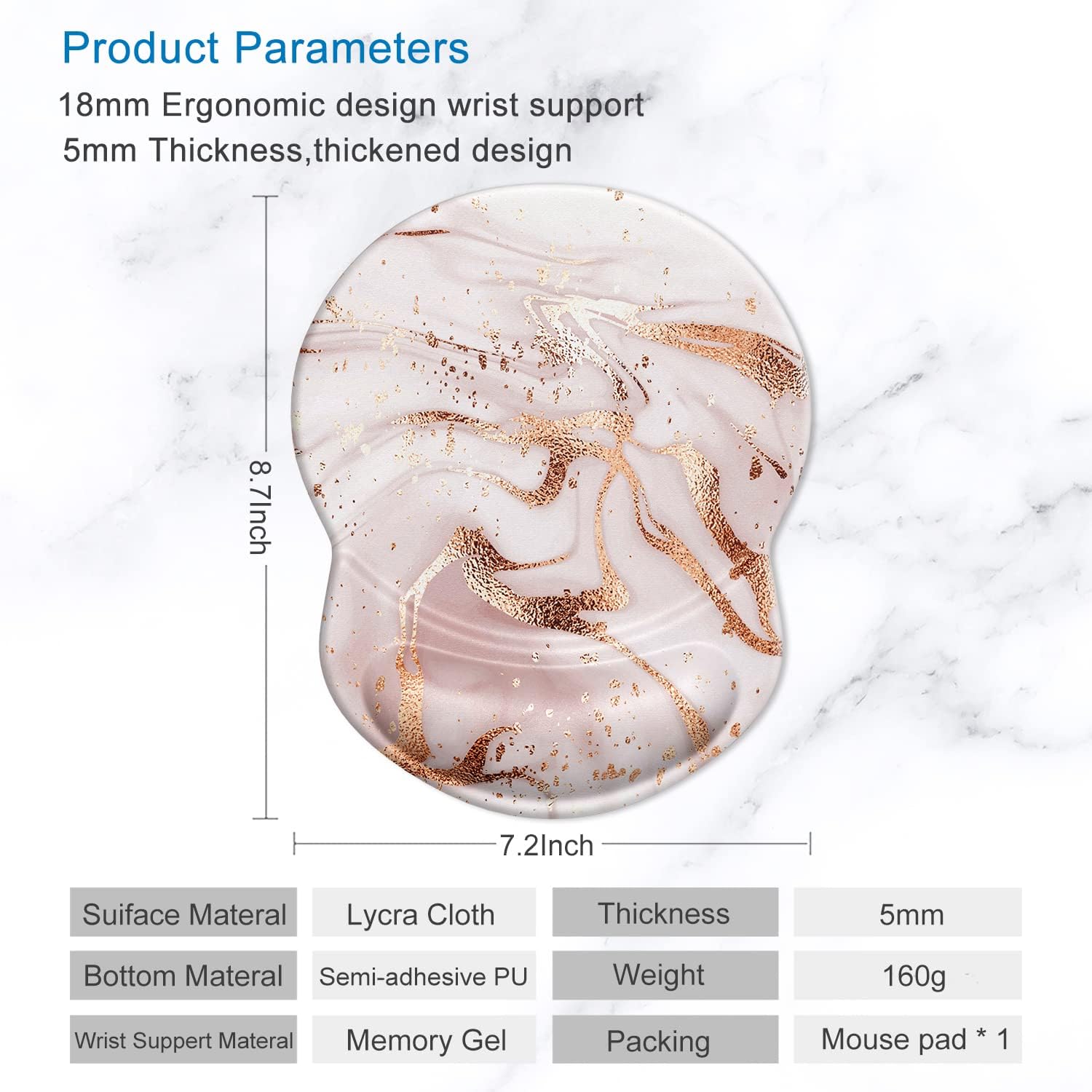 ITNRSIIET Ergonomic Mouse Pad with Gel Wrist Support Small Wrist Rest Smooth Surface Non-Slip PU Base Comfortable Office Supplies Pain Relief, 8.7 x 7.2 inches, Rose Gold Marbling