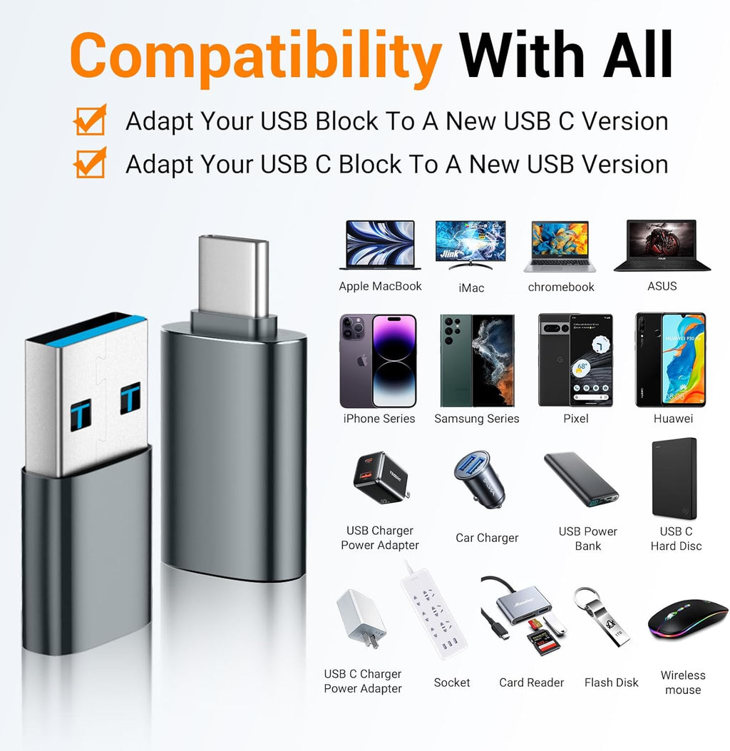 Temdan USB to USB C Adapter for iPhone 16 Charger 4 Pack,USBC Female to A Male OTG Type C Converter for Apple Watch Ultra iWatch 7 8 9 10,iPhone 16 15 14 13 Plus Pro Max,AirPods,OTG Adapter-Gray