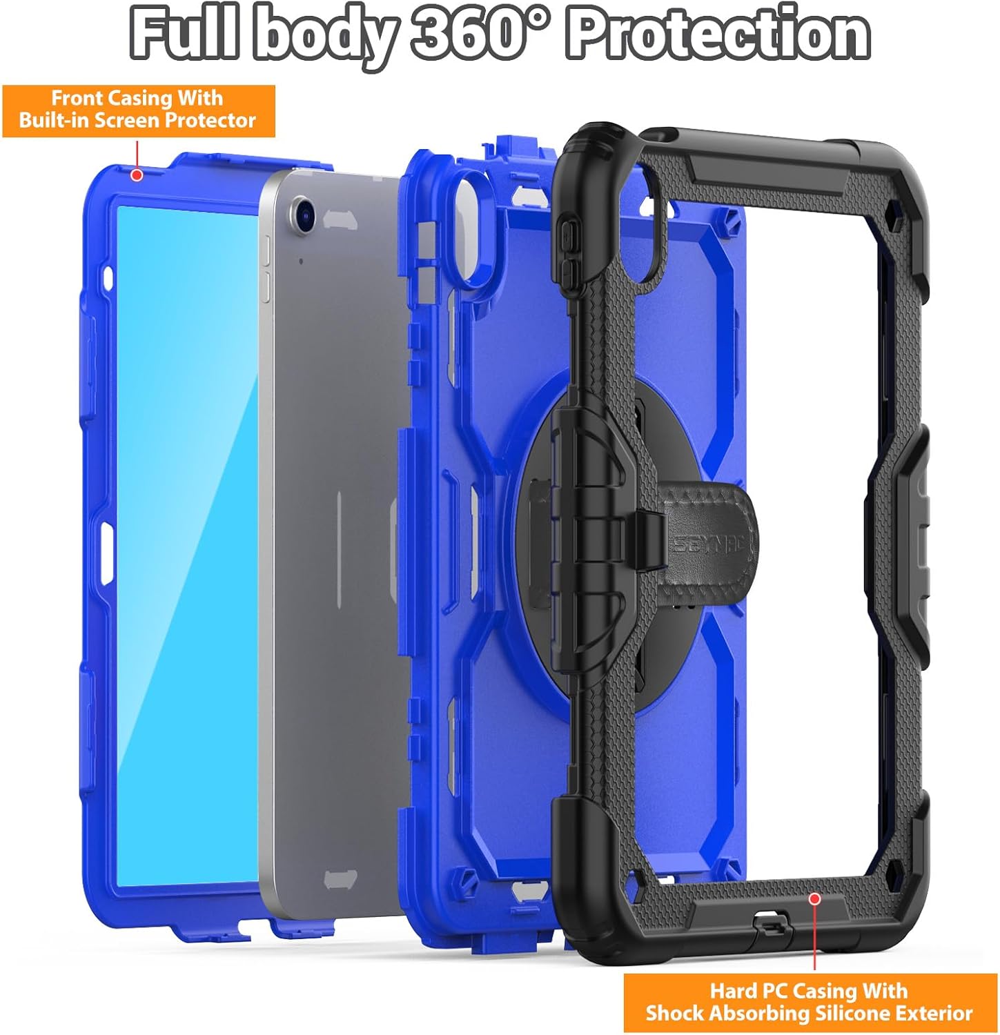SEYMAC Case for iPad (A16) 11th/10th Generation 2025/2022 (11″/10.9″), Heavy Duty Full-Body Shockproof Protective Case with Screen Protector, Rotating Stand, Hand/Shoulder Strap, Black/Dark Blue