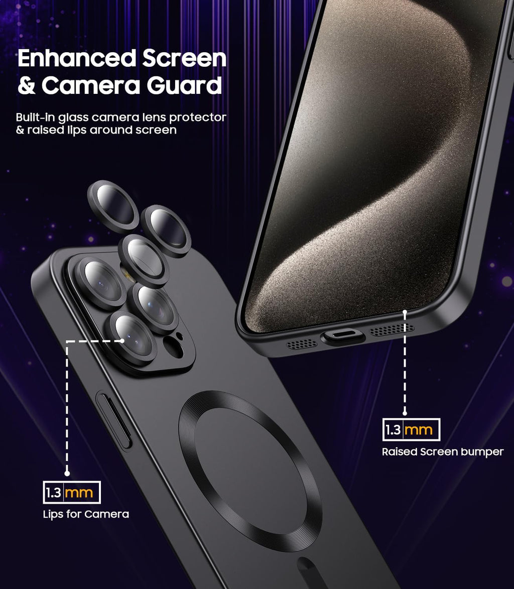 Magnetic for iPhone 15 Pro Case [Compatible with MagSafe][Built-in Camera Lens Protector] Slim Soft Silicone Bumper Shockproof Metallic Shine Phone Case (Black)